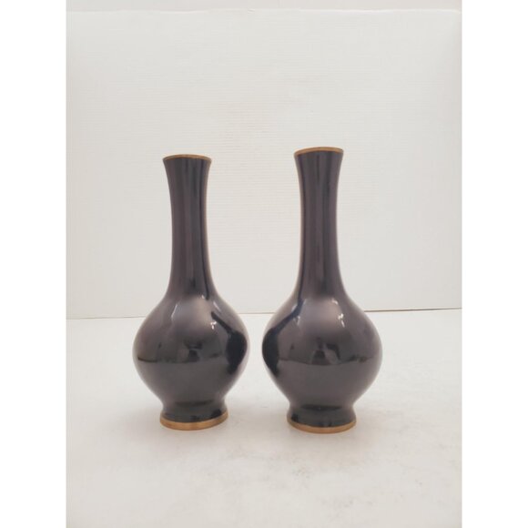 Vintage Black Enameled Bronze Vase with Pearl Decoration, Black Lacquer Painted - Picture 8 of 10